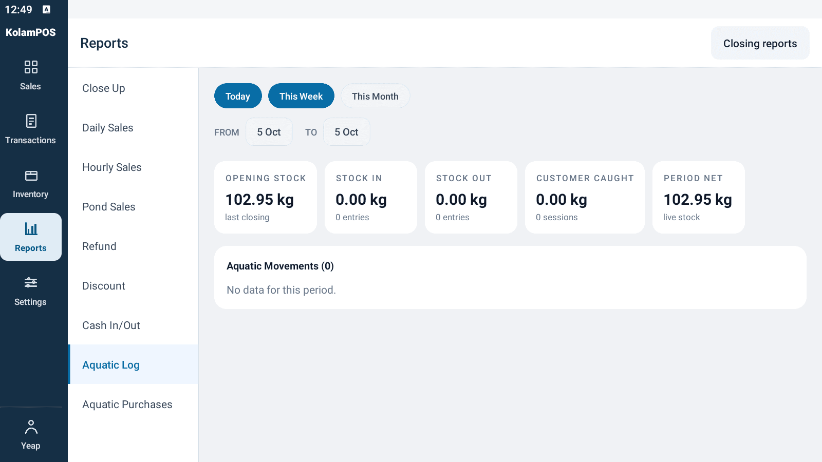 KolamPOS — Laporan · Log Akuatik