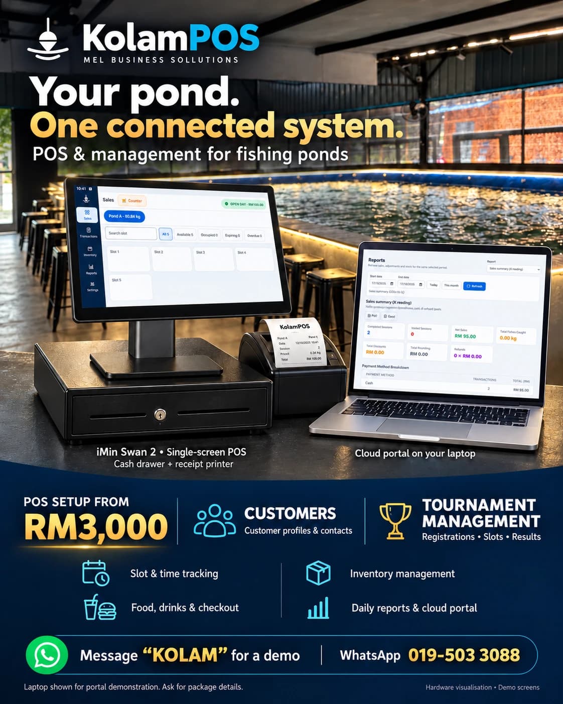 KolamPOS fishing pond POS package from RM3,000: iMin Swan 2, cash drawer and receipt printer. Customer and tournament management, timers, orders, inventory and cloud reports. Laptop for demonstration only.