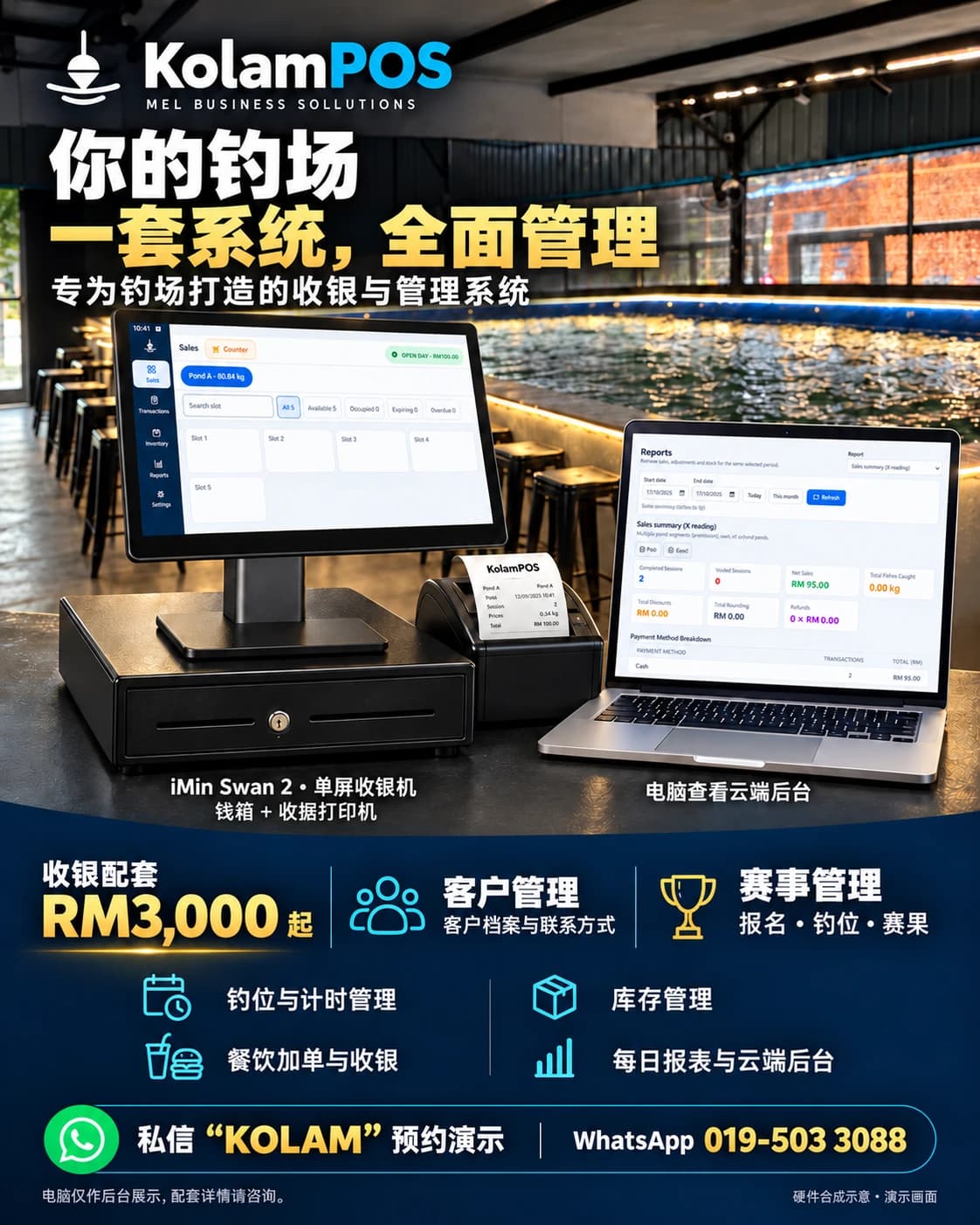 KolamPOS 釣魚場收銀系統配套 RM3,000 起：iMin Swan 2、錢箱及收據打印機。支援客戶與賽事管理、計時、點單、庫存及雲端報表。筆電僅作示範。